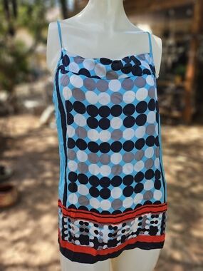 CAbi 100% Silk Blue Polka Dot Spaghetti Strap Camisole Red Trim Top M